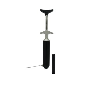 May include: A black and silver wine corkscrew with a black handle and a separate black cylinder. The corkscrew has a lever design and a small, thin metal piece extending from the base.