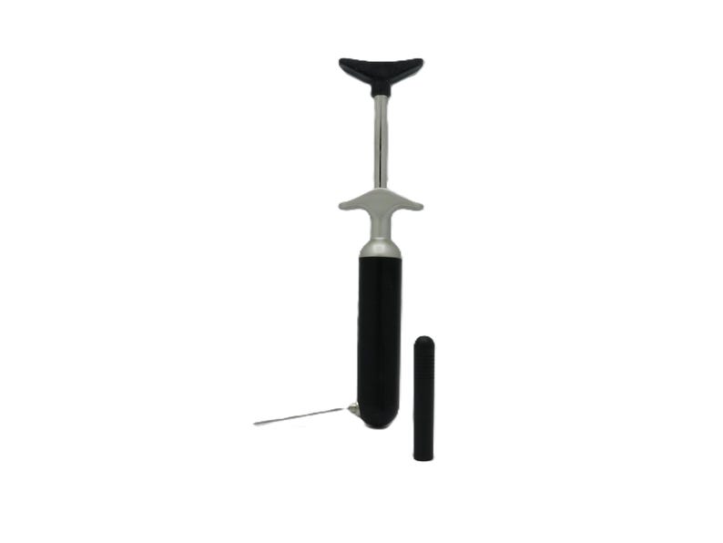 May include: A black and silver wine corkscrew with a black handle and a separate black cylinder. The corkscrew has a lever design and a small, thin metal piece extending from the base.
