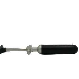 May include: A black and silver automotive tool with a black handle and a silver metal shaft. The tool has a black angled head on one end and a rounded end on the other.