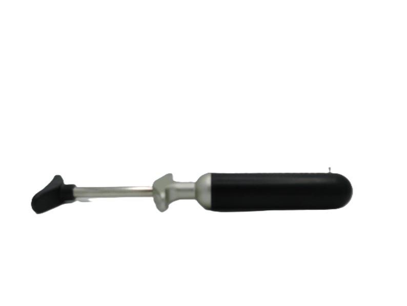 May include: A black and silver automotive tool with a black handle and a silver metal shaft. The tool has a black angled head on one end and a rounded end on the other.