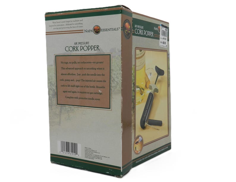 May include: A box for a Napa Essentials Air Pressure Cork Popper. The box is beige and green with text that reads "Air Pressure Cork Popper". The box also has an image of the cork popper and a wine bottle.