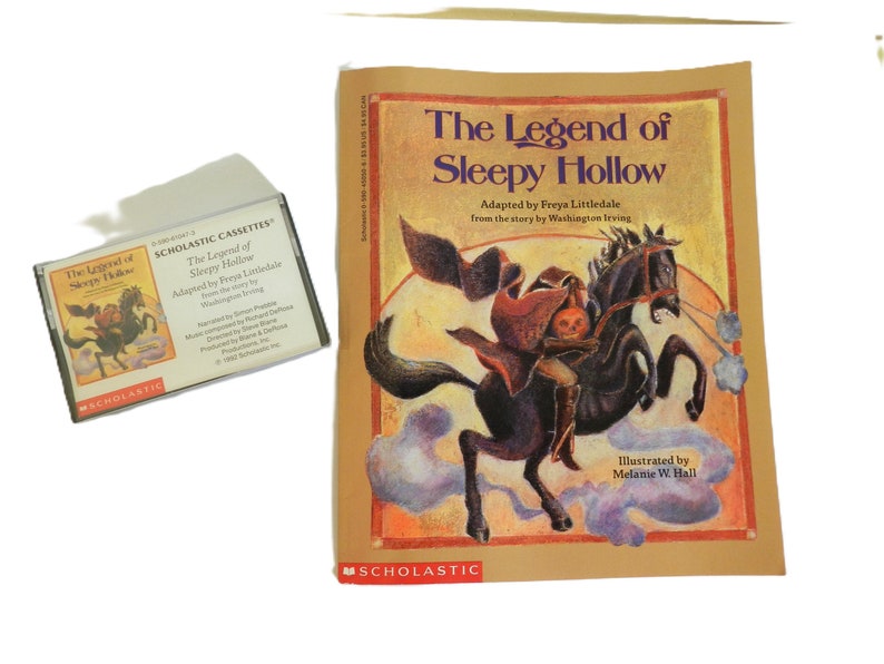 May include: A Scholastic cassette tape and book featuring the story of The Legend of Sleepy Hollow. The book cover features an illustration of the Headless Horseman riding a black horse.