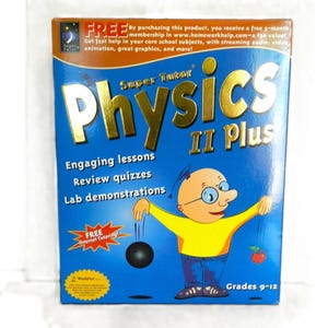 May include: A blue and yellow box with the title "Super Tutor Physics II Plus" and a cartoon illustration of a person holding a ball and an apple. The box features the text "Engaging lessons, Review quizzes, Lab demonstrations".
