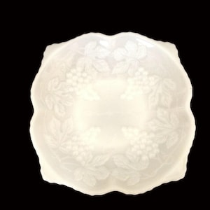 Vintage Milk Glass Square Bowl with Grape Pattern by Anchor Hocking, 1960s.