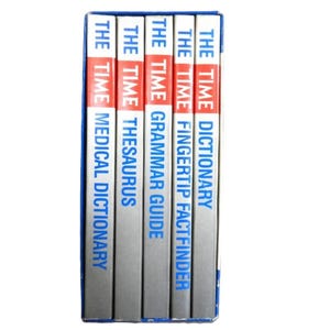 May include: A set of five books with blue and red spines. The titles are "The Time Dictionary", "The Time Fingertip Factfinder", "The Time Grammar Guide", "The Time Thesaurus", and "The Time Medical Dictionary".