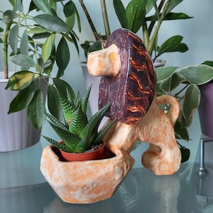 Op de afbeelding: Een keramische leeuwenplanter in tinten bruin, oranje en beige, met een kleine vetplant. De manen van de leeuw zijn donkerbruin met oranje accenten. De planter staat op een glazen oppervlak.