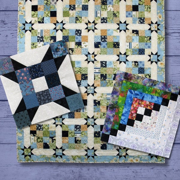 Night Sky Trio Scrappy Quilt Patterns Bundle - 3 PDF Quilt Patterns - Domino, Sixteen Patch Stars, and Streak of Lightning