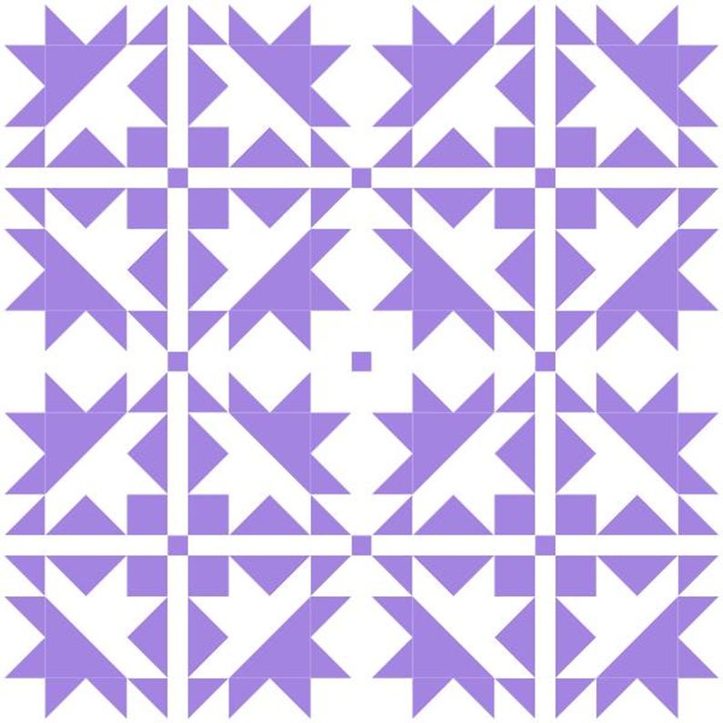 May include: A purple and white geometric pattern quilt block with a starburst design. The block is made up of triangles and squares.