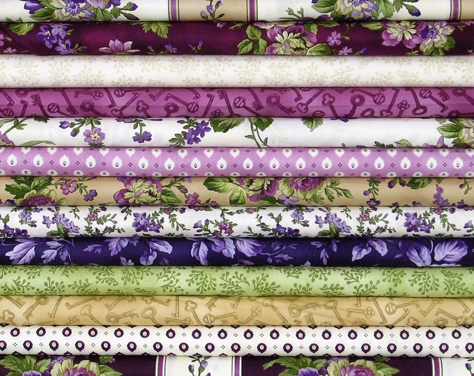 15 Floral Quilt Fabrics Bundle in Purple Green and Tan Etsy