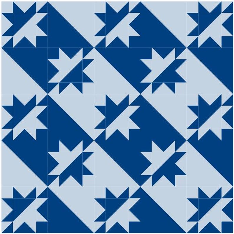 May include: A repeating pattern of blue and light blue stars on a white background. The stars are made up of triangles and are arranged in a diagonal pattern.