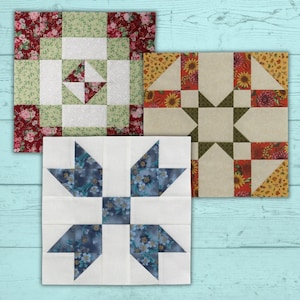 May include: Three colorful quilt blocks with floral and geometric patterns. One block features red and green floral fabric, another has a star design with sunflowers, and the third showcases blue floral accents. These blocks are perfect for quilting projects.