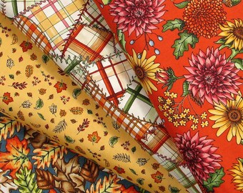 4 Autumn Colored Fabrics featuring flowers, leaves and plaids from the Sweater Weather Collection by Maywood Studio, Fabric Bundle