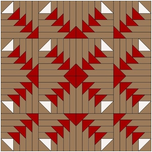 May include: A quilt block pattern with a repeating design of red and brown triangles. The pattern is symmetrical and creates a woven effect.