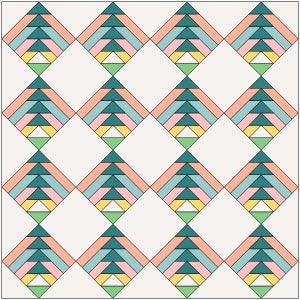 May include: A repeating pattern of teal, pink, light blue, yellow, and green triangles arranged in a diamond shape on a white background.