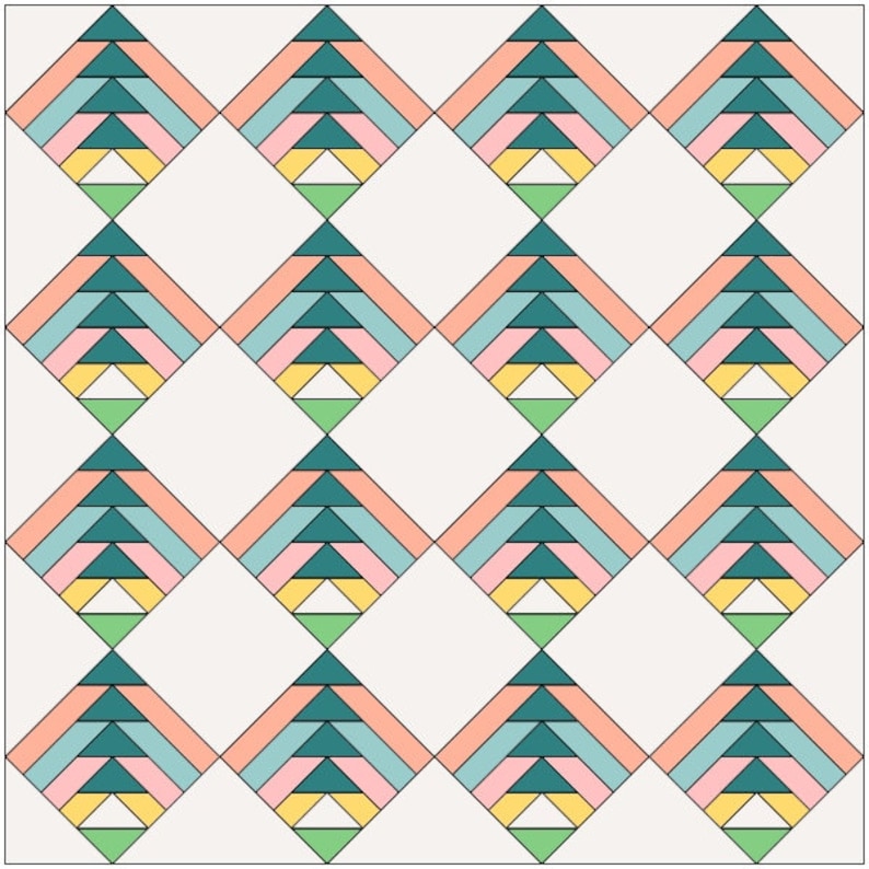 May include: A repeating pattern of teal, pink, light blue, yellow, and green triangles arranged in a diamond shape on a white background.