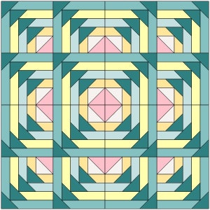 May include: A quilt block pattern with a concentric square design. The center square is pink, surrounded by a white square, then a yellow square, then a light blue square, then a teal square. The pattern is repeated in each of the nine squares of the block.