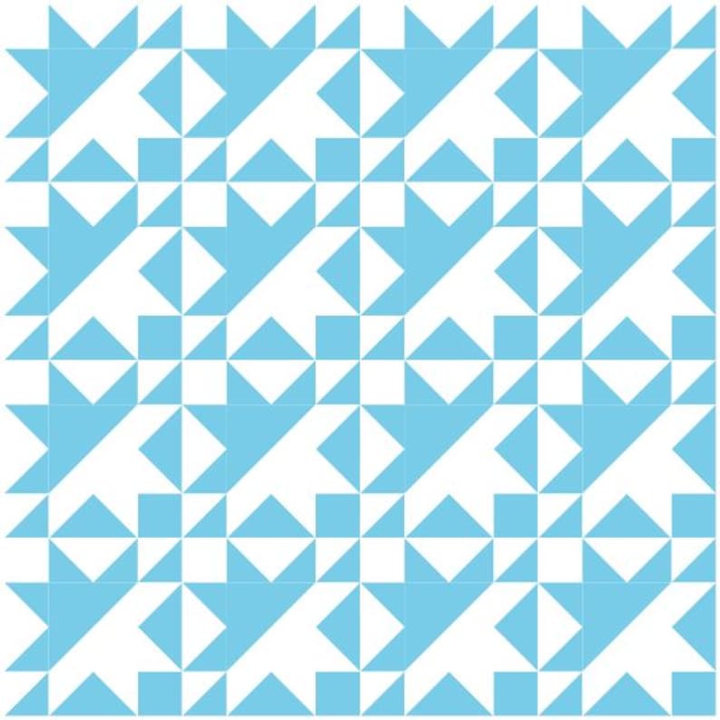 May include: A repeating geometric pattern of light blue triangles and squares on a white background.