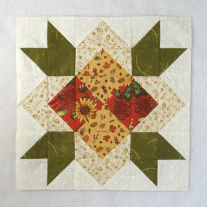 May include: A patchwork quilt block with a star design in the center. The star is made of green fabric with white accents. The background is a cream fabric with a floral pattern. The center of the star is a red and orange fabric with a floral pattern.