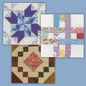 May include: Three colorful quilt blocks. One features a starburst design in shades of purple and white. Another has a patchwork pattern with floral and striped fabrics. The third block has a diamond center and square accents.
