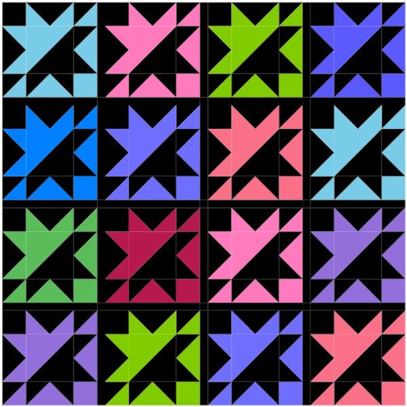 May include: A quilt block pattern with a black background and 16 colourful star-shaped blocks. The blocks are arranged in a 4x4 grid. The colours of the blocks are blue, pink, green, purple, and red.