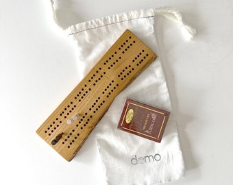 Travel Cribbage Board - Mulberry Wood - Pegs, Travel Bag, and Mini Deck of Cards Included - 60 holes - Two Track - 8" x 2"