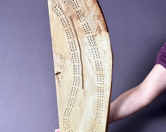 Unique Three Track 120 Hole Wood Cribbage Board - Wood Pegs - Drawstring Peg and Card Bag - 2 3 or 4 Player 21" x 9" - Locally Sourced Wood