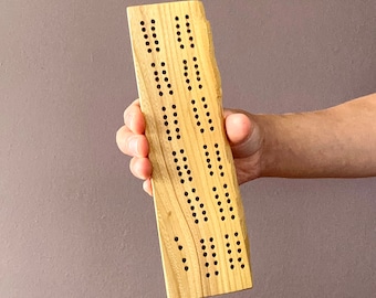 Travel Cribbage Board - Elm Wood - Pegs, Travel Bag, and Mini Deck of Cards Included - 60 holes - Two Track - 8" x 2"