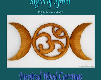 Triple Moon Wood Carving with Om Celtic Goddess with Sanskrit Sound of Peace Wall Art