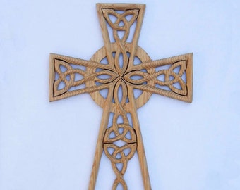 Celtic Trinity Knots and Serch Bythol Woven Celtic Cross- Large Wall Cross sculpture Wood Carved Christian Cross wood carved wall art