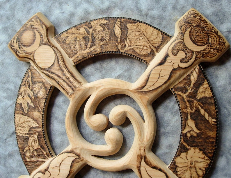 Wood Carving Burned Celtic Wheel Cross Triple Moon Goddess