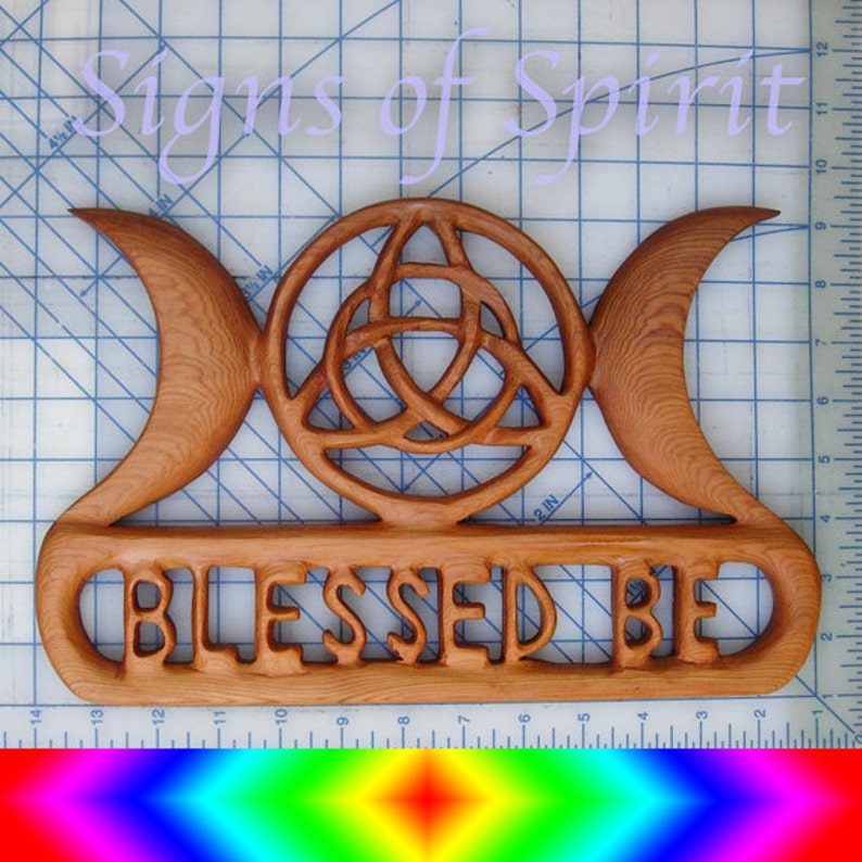 Triple Moon with Triquetra Blessed Be wood carving Wiccan Greeting Wall Hanging Celtic Moon Goddess Pagan Witch Altar Housewarming Art Decor image 4