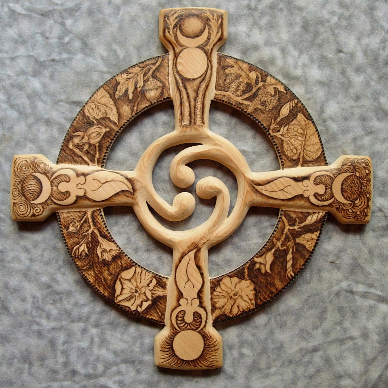 Wood Carving Burned Celtic Wheel Cross Triple Moon Goddess