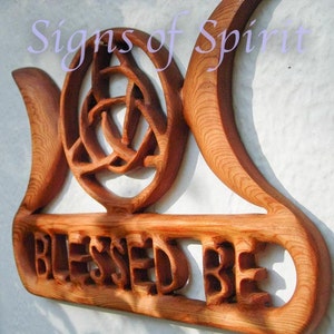 Triple Moon with Triquetra Blessed Be wood carving Wiccan Greeting Wall Hanging Celtic Moon Goddess Pagan Witch Altar Housewarming Art Decor image 6