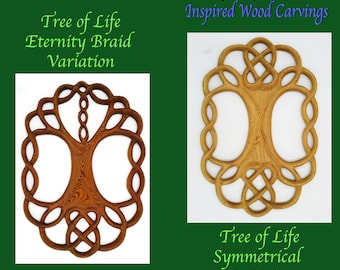 May include: Two wood carvings of a tree of life design. The left carving is brown and features an intricate braid pattern. The right carving is a lighter wood colour and has a symmetrical design. Both carvings are labelled "Tree of Life" and include a variation name.