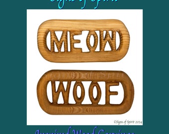 Meow or Woof Wood Carving, Animal Onomatopoeia Decor