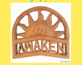 Awaken Sunrise Wood Carving Breakfast room decor Yoga Meditation sign Awareness Encouraging Wake-up art Morning person Sunburst gift