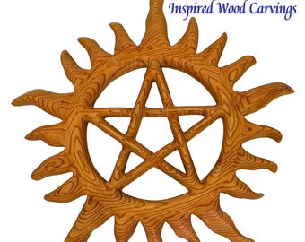 Sunburst Pentacle Anti-Possession Wood Carving Symbol Occult Pentagram Wall Hanging
