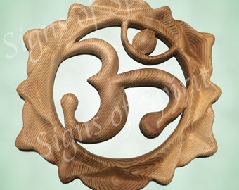 Lotus OM wood carving Lotus Blossom Sanskrit Symbol AUM Meditation Room decor Chanting focus Spirituality