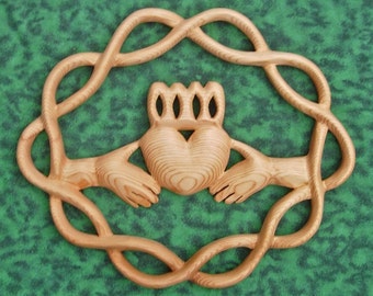 Claddagh Wood Carving, Celtic Love Knot wall decor, Traditional Irish Symbol, Celtic Knot of Love, Friendship Loyalty - Hands, Heart, Crown