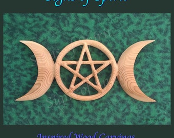 Triple Moon Pentacle wood carving Celtic Goddess Symbol with Pentagram, Carved Moon Phase Art for Wiccan, Pagan, Druid, or Coven Altar