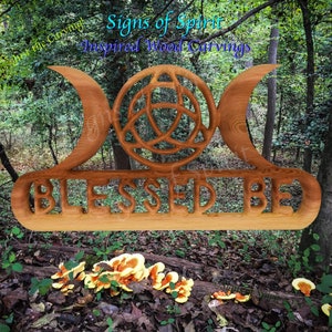 Triple Moon with Triquetra Blessed Be wood carving Wiccan Greeting Wall Hanging Celtic Moon Goddess Pagan Witch Altar Housewarming Art Decor image 5