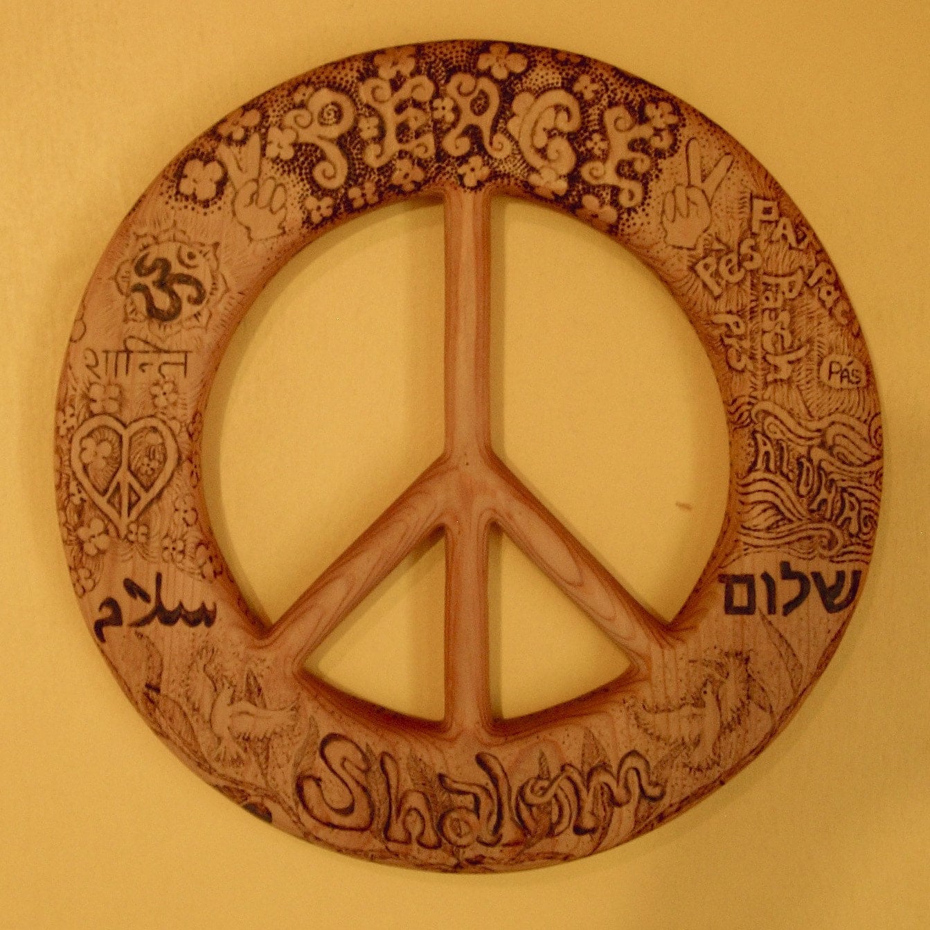 Words of PeaceWood Burned Peace SignPeace in Many Languages Etsy