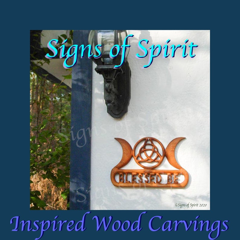 Triple Moon with Triquetra Blessed Be wood carving Wiccan Greeting Wall Hanging Celtic Moon Goddess Pagan Witch Altar Housewarming Art Decor image 3