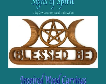 Triple Moon Goddess Blessed Be with Pentacle Celtic Knot Wiccan Wood Carving Celtic Goddess Women’s Magick Pagan Altar Focus