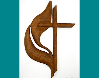 Cross of the United Methodist Church -UMC Cross and Flame™ Wood Carving - Wall Cross - Altar Cross - Cross Collection