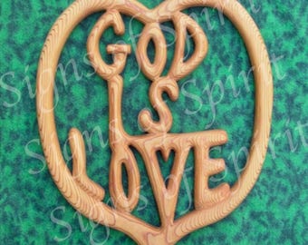 God is Love Wood Carving Heart Shaped Christian Sign Spiritual Love Quote Wall Art