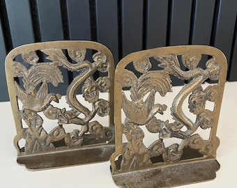 Vintage Brass dragon and phoenix bookends set