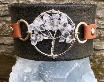 Handmade one of a kind leather cuff bracelet with tree of life clear quartz crystal stones keikosbeadbox