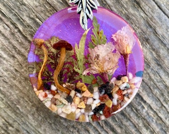 Handmade real mushroom, flowers and plants resin necklace. Keikosbeadbox