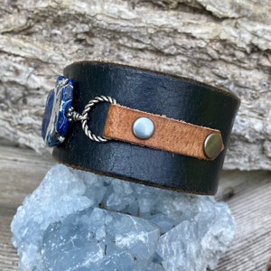 Handmade one of a kind leather cuff bracelet with sea sediment jasper stone keikosbeadbox image 2
